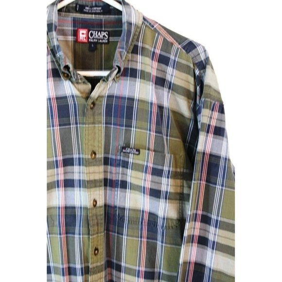 Chaps Ralph Lauren Plaid Shirt Blue Green Long Sleeve Button Front Large Cotton - Picture 2 of 10